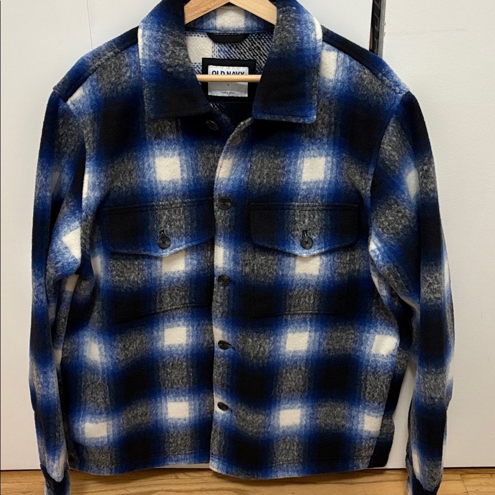 Old Navy Men's Blue and Black Checkered Jacket Large